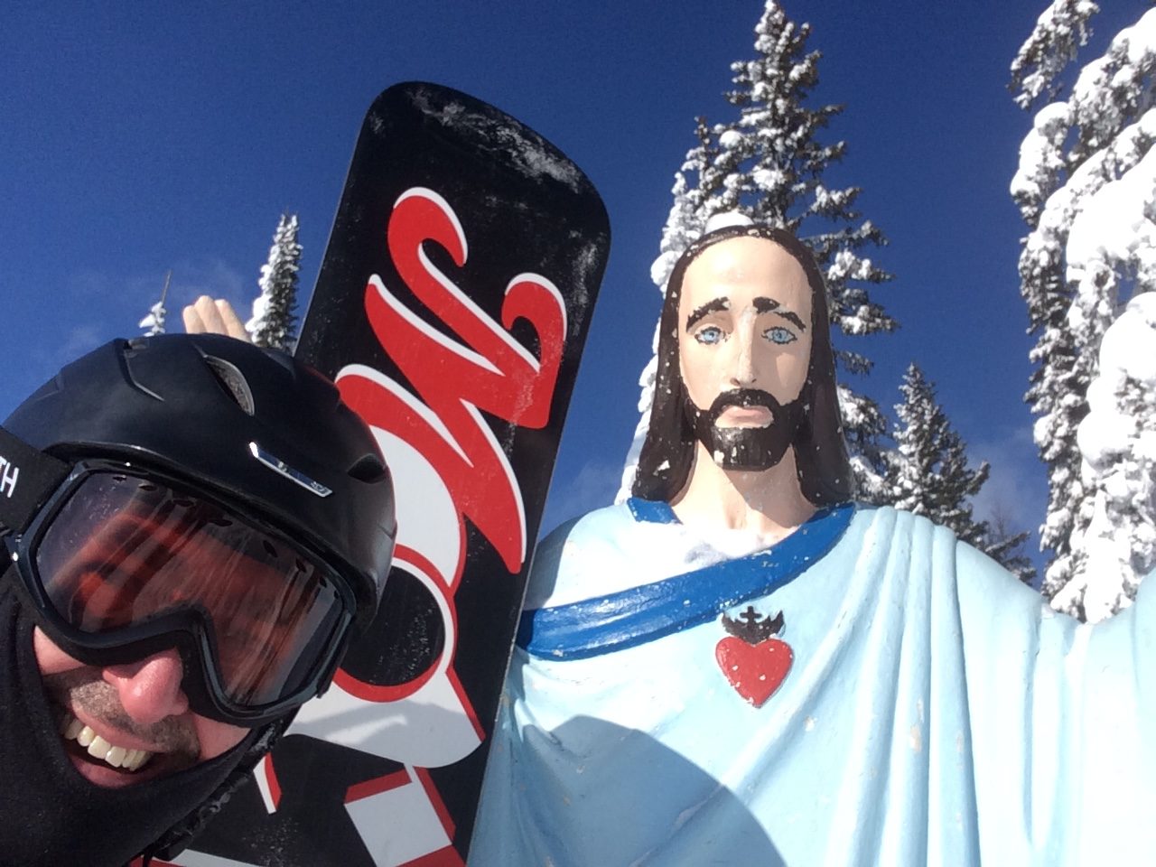 Snow Jesus at the top of Big Mountain in Whitefish, MT